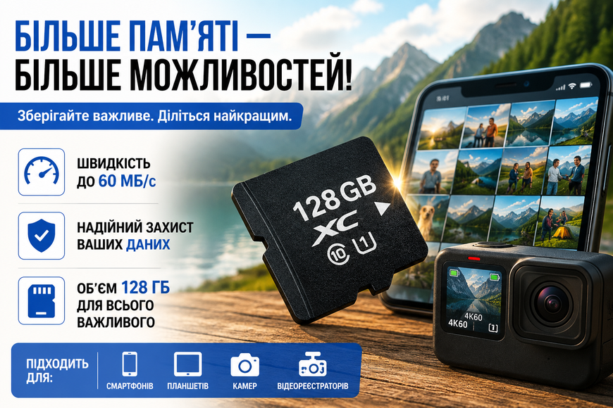 Карта пам&rsquo;яті MicroSDXC 128 ГБ Class 10 Memory Card для смартфонів, планшетів, камер та відеореєстраторів 23757/МК фото