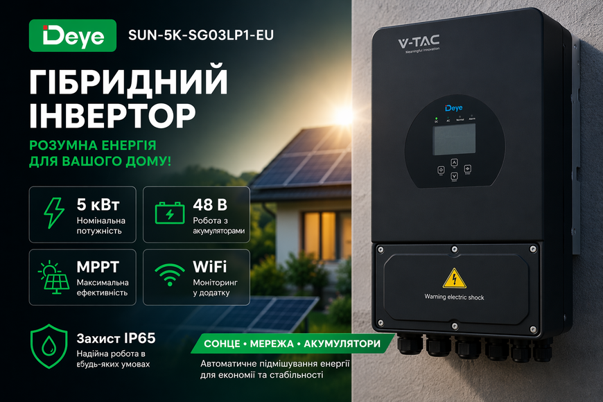 Гибридный инвертор Deye SUN-5K-SG03LP1-EU WiFi 5 кВт, 1 фаза, 48В SUN-5K-SG03LP1-EU-BK фото