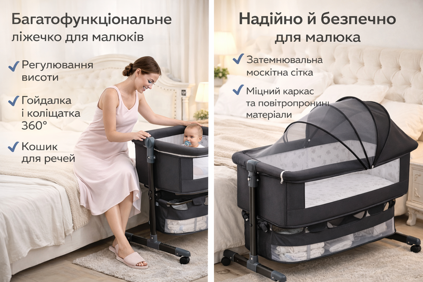 Ліжечко-трансформер для немовлят 3-в-1 із функцією заколисування, сповивальним столиком та захисною сіткою 0220/МК фото