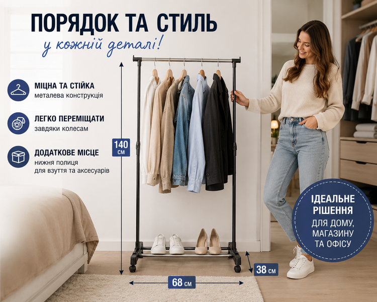 Стійка для одягу одинарна пересувна на колесах 140&times;68&times;38 см, підлогова вішалка для одягу металева 8007 110731 фото