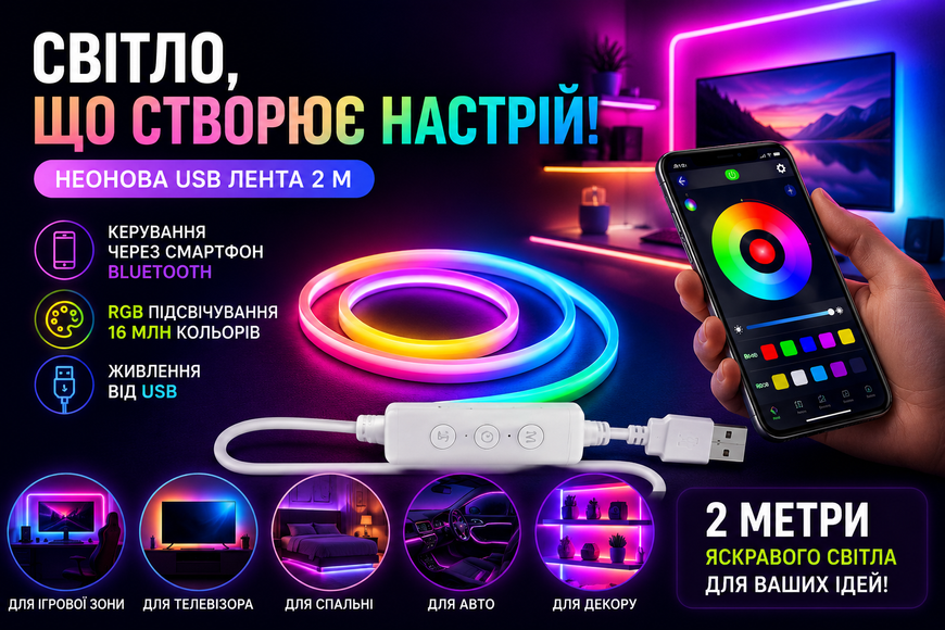Неонова USB LED стрічка 2 м RGB з керуванням через смартфон Bluetooth SFK-11 1240/МК фото
