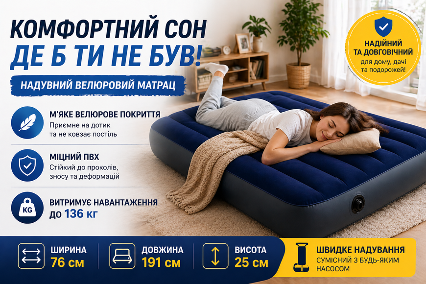 Надувний велюровий матрац Intex 64756 односпальний 76&times;191&times;25 см синій 64756 фото