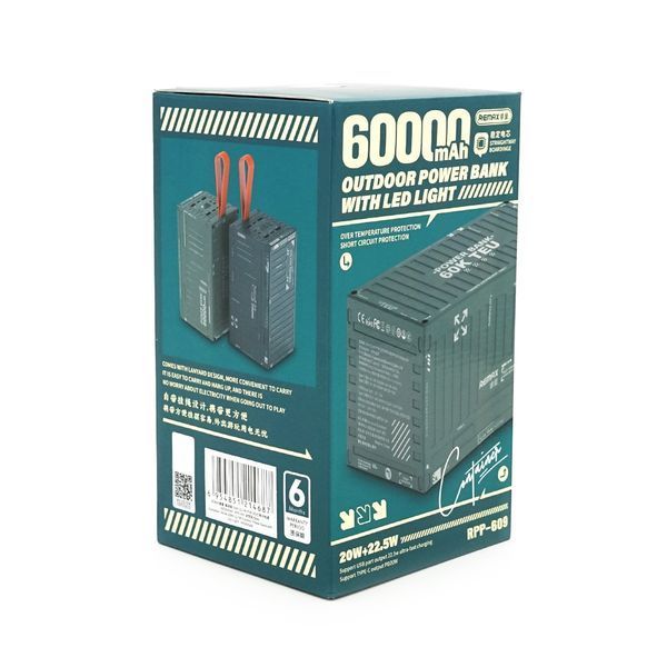 Power Bank Remax RPP-609 60000mAh, PD 20W+QC 22.5W, Gray, 1.275kg 39896 фото