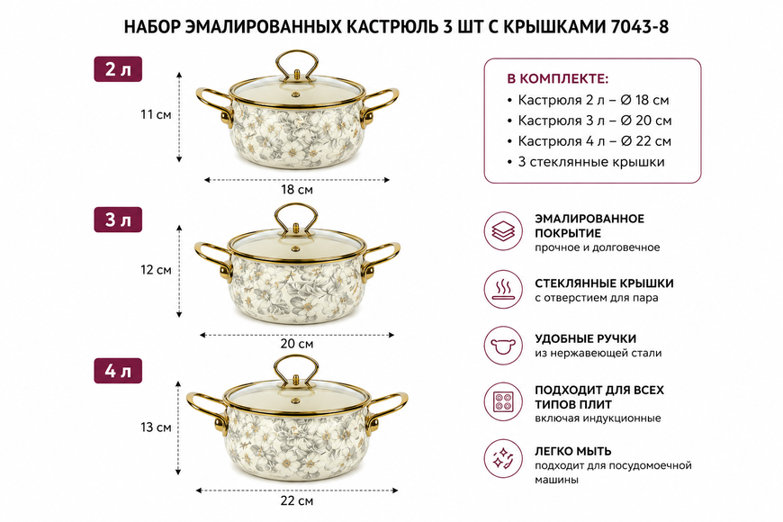 Набір емальованих каструль Boyang 3 шт з кришками 2 л, 3 л, 4 л D18/20/22 см 7043-8 122994/KL фото