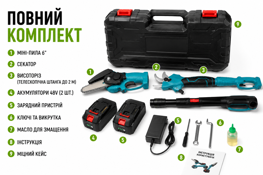 Аккумуляторный набор 3в1 48V с 2 АКБ &ndash; цепная мини пила 6", секатор и высоторез 2 м 0182/МК фото