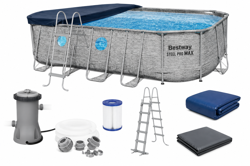 Каркасний басейн Bestway Steel Pro Max Swim Vista 56716, 549 x 274 x 122 см, 13430 л, з фільтр-насосом, драбиною, тентом і підстилкою 56716 фото