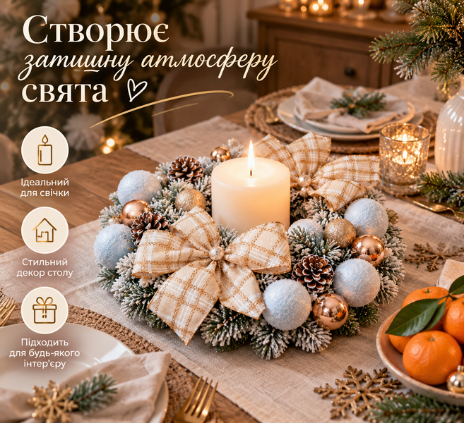 Новорічний вінок-підсвічник ТМ Dashuri Айворі з литої хвої, 1 шт. 2612-04 фото