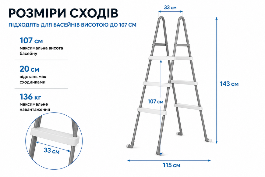 Лестница для бассейна Intex 28065, высота 107 см, нагрузка до 136 кг 28065 фото