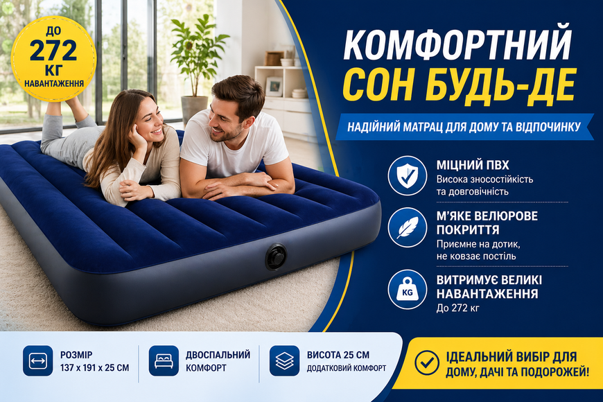 Надувной велюровый матрас Intex 64758 двуспальный 137x191x25 см синий 64758 фото