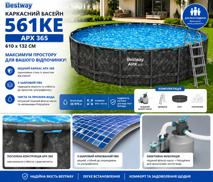 Каркасний басейн Bestway 561KE APX 365 круглий 610&times;132 см з піщаним фільтр-насосом, драбиною, тентом та Polysphere 561KE фото