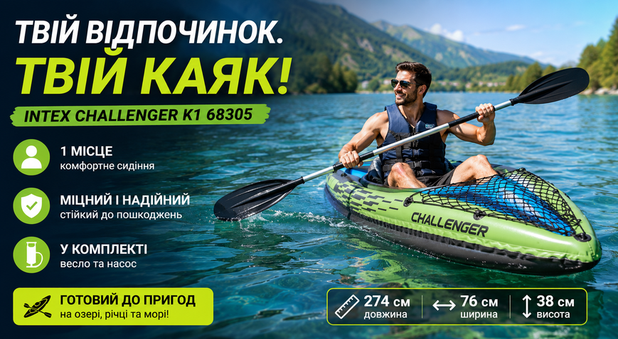 Надувний каяк Intex Challenger K1 68305 одномісний 274&times;76&times;38 см з веслом та насосом 68305 фото
