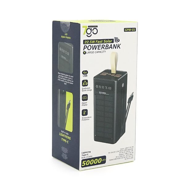 Powerbank 7GO GPW-01 50000mAh, Solar,PD22.5W, Li-pol, LCD Display, Вход:Type-C, Выходы: 2xUSB Type-C, 4xUSB Type-A, кабеля T-C/Ligh, 1,080, Black, Box 45006 фото