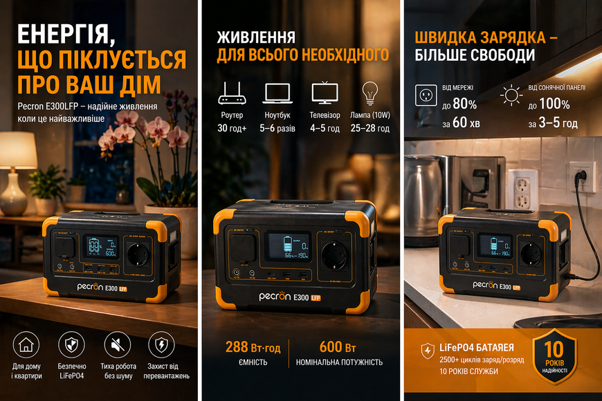 Портативна зарядна станція Pecron E300LFP 288Wh 600W LiFePO4, чиста синусоїда, USB-C 100W, бездротова зарядка 15W 44135 фото