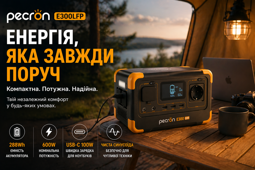 Портативна зарядна станція Pecron E300LFP 288Wh 600W LiFePO4, чиста синусоїда, USB-C 100W, бездротова зарядка 15W 44135 фото