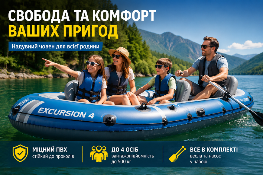 Чотиримісний надувний човен Intex Excursion 4 Set 66324, 315&times;165&times;43 см, до 500 кг, весла та насос у комплекті 66324 фото