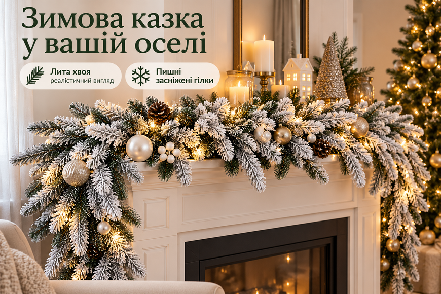 Новорічна хвойна гілка-гірлянда ТМ Dashuri засніжена 200&times;25 см, лита хвоя 2612-07 фото