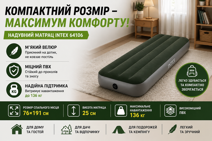 Надувной матрас Intex 64106 велюровый односпальный 76&times;191&times;25 см до 136 кг 64106 фото