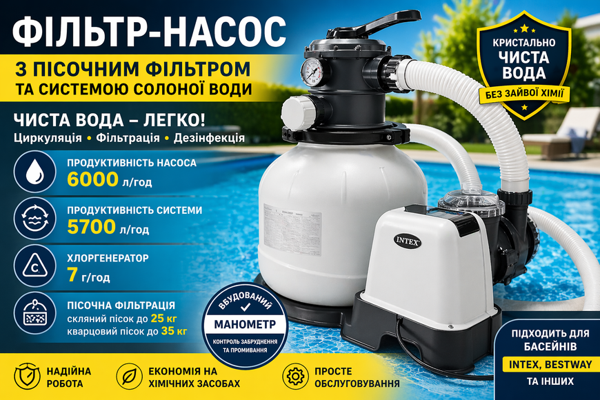 Песочный фильтр-насос 26676 с хлоргенератором 6000 л/ч для бассейна Intex Bestway, система солёной воды 26676 фото