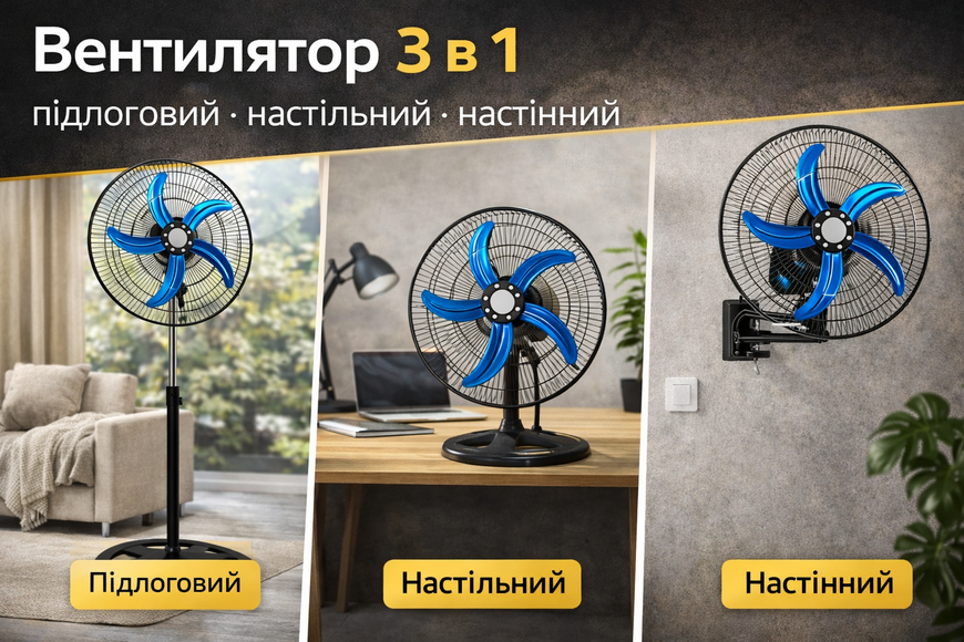 Потужний вентилятор 3 в 1 підлоговий / настільний / настінний 100 Вт з металевими лопатями, 3 швидкості, регулювання висоти та нахилу, 48 см 0237/МК фото